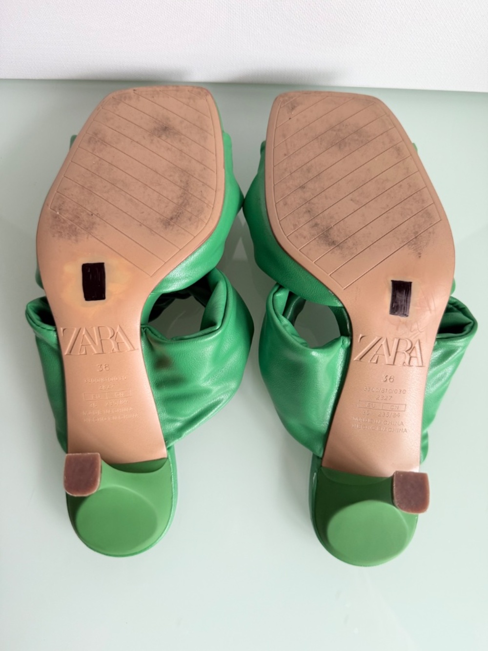 Zara Green Ruched Heeled Sandals Size 36 Double Strap Open Toe - Picture 7 of 11